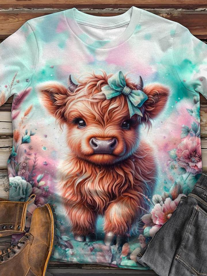 Mint Mambo Highland Cow Crew Neck T-shirt