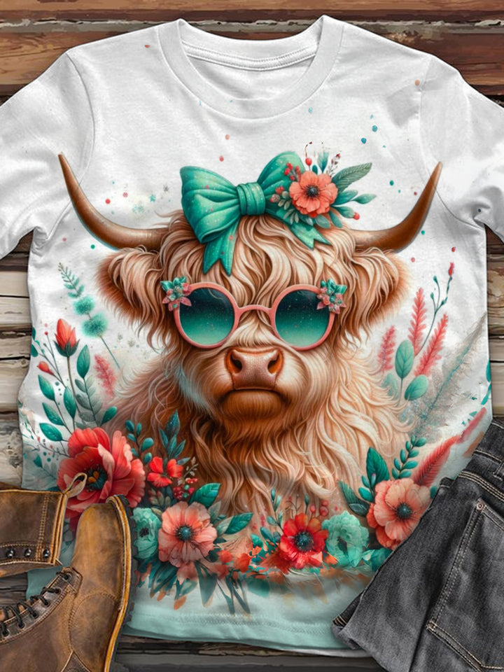 Mint Mambo Highland Cow Crew Neck T-shirt