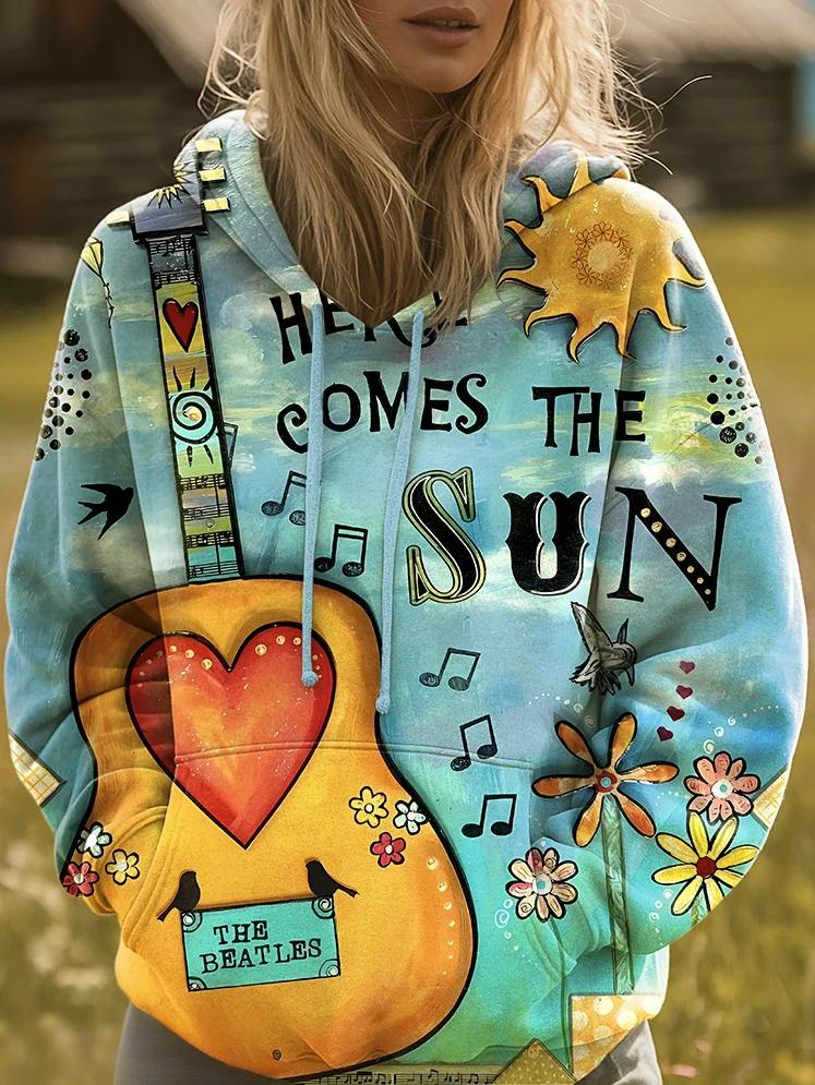 Women's Vintage Hippie Music Sun Guitar Art Print Hooded Casual Sweatshirt