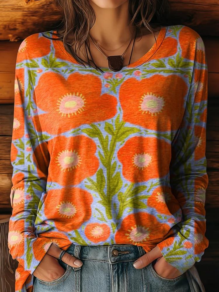 Women's Floral Pattern Artistic Print Casual Round Neck Long Sleeve T-Shirt