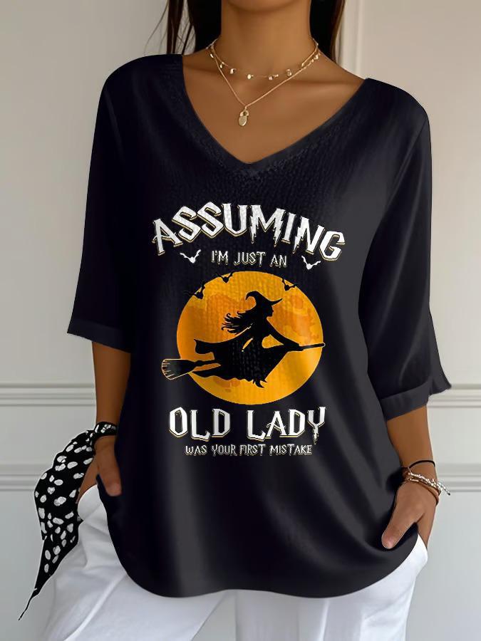 Halloween Funny Witch Ladies Loose 3/4 Sleeve Top