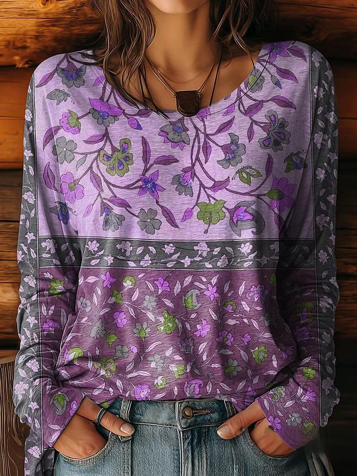 Women's Retro Floral Pattern Artistic Print Casual Round Neck Long Sleeve T-Shirt