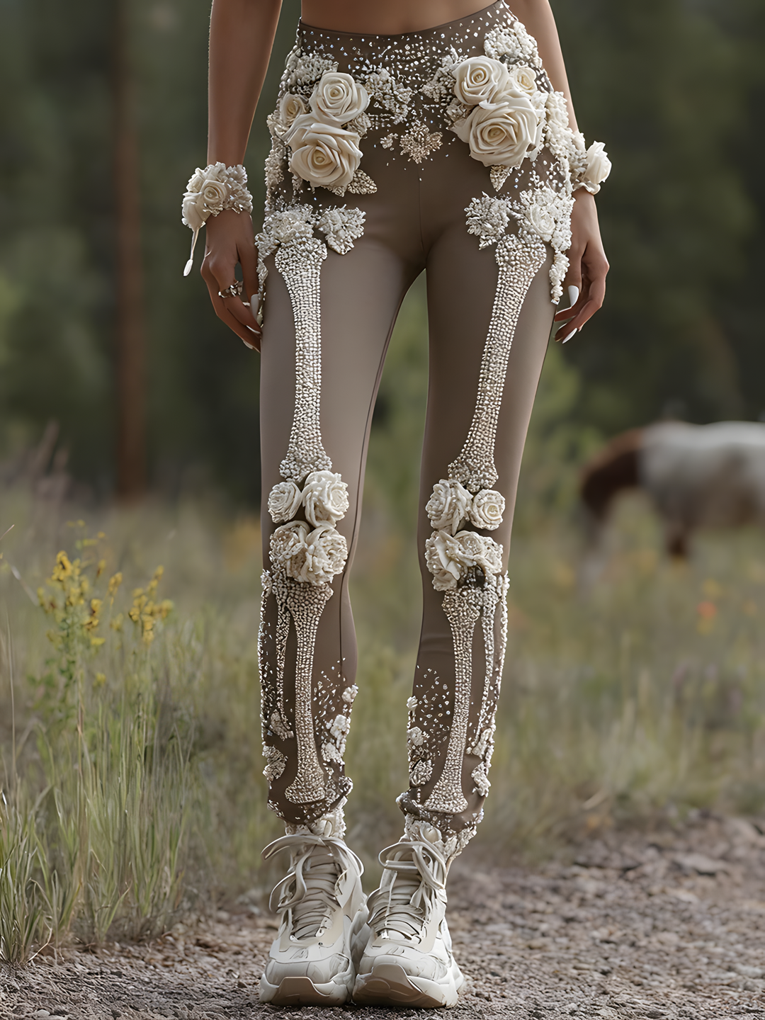 Vintage Halloween Skull Rose Pattern Comfortable Knit Leggings