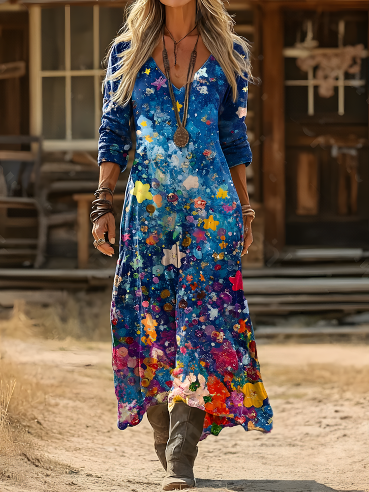 Women's Retro Blue Dream Starry Sky Art Pattern Print V Neck Cotton Dress