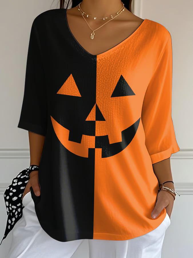 Halloween Spooky Pumpkin Ladies Loose 3/4 Sleeve Top
