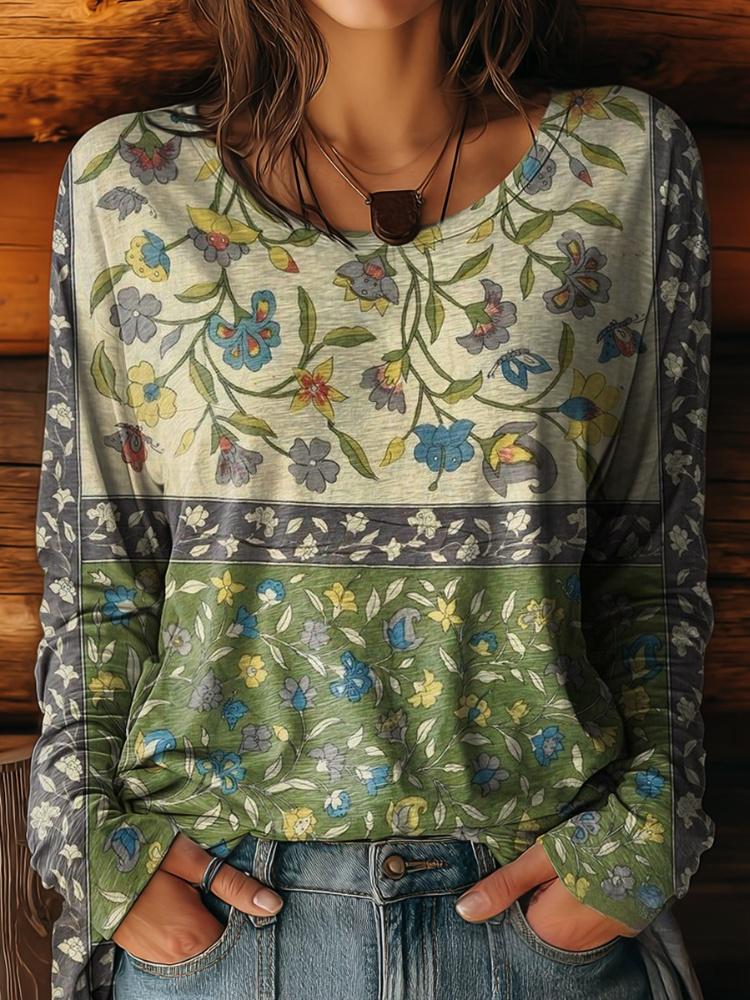 Women's Retro Floral Pattern Artistic Print Casual Round Neck Long Sleeve T-Shirt