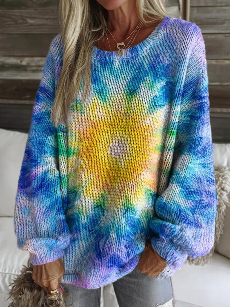 Women's Colorful Gradient Pattern Printed Round Neck Long Sleeve Knitted Sweater