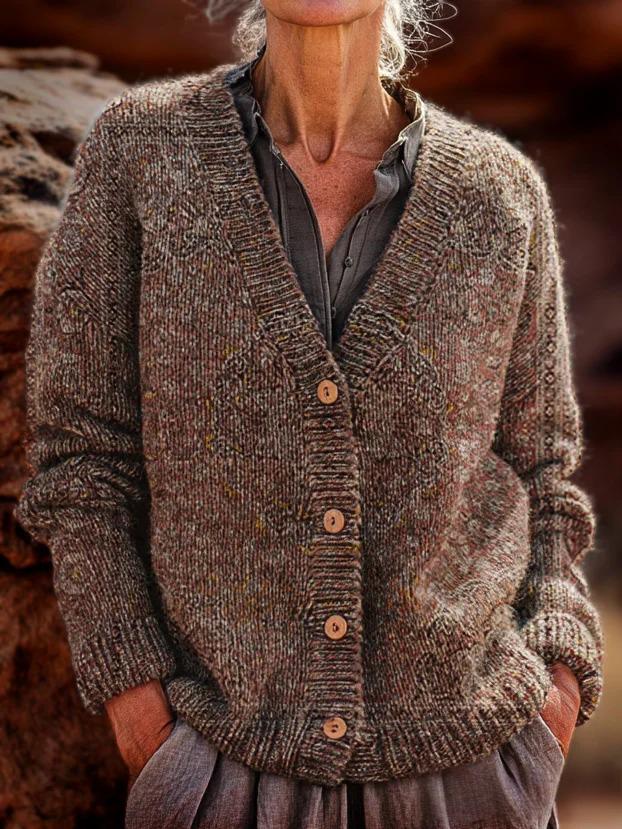 Retro Ethnic Pattern Art Print Button V-neck Cardigan Sweater