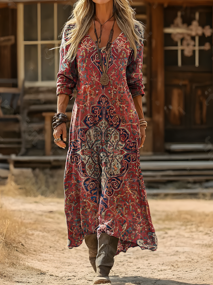 Women's Retro Ethnic Style Red Totem Art Pattern Print V Neck Cotton Dress