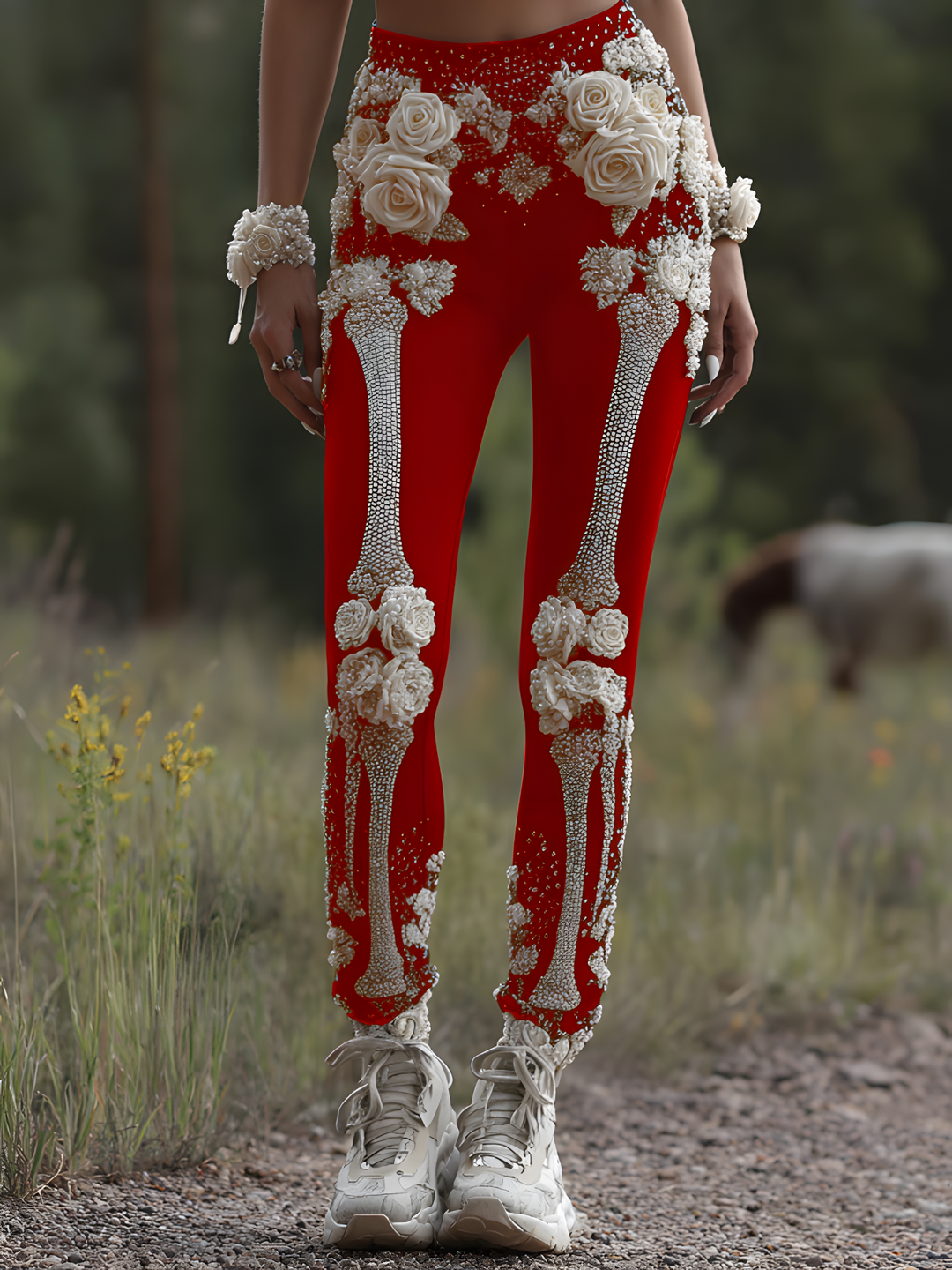 Vintage Halloween Skull Rose Pattern Comfortable Knit Leggings