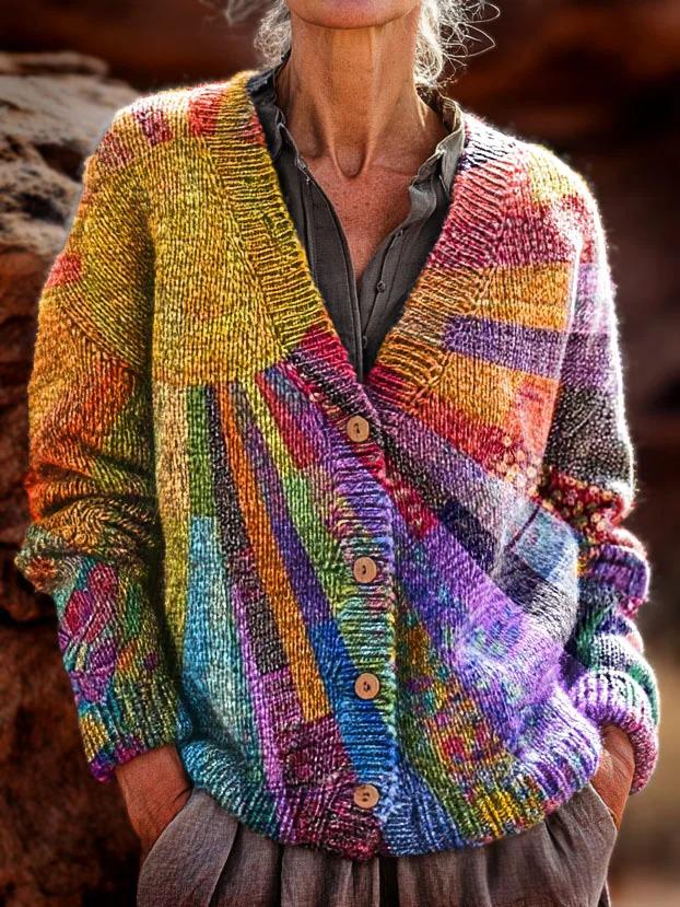 Colorful Patchwork Sun Pattern Art Print Button V-neck Cardigan Sweater