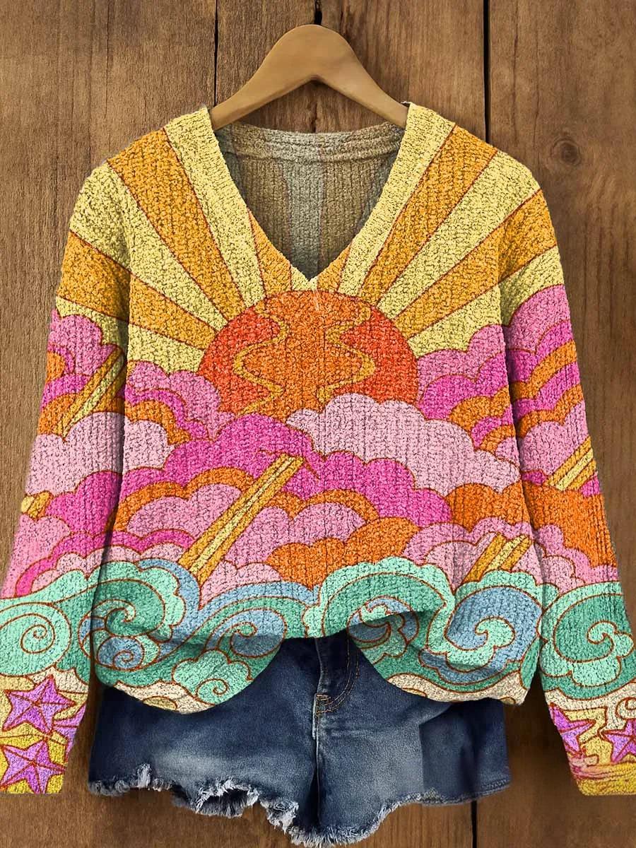 Women's Retro Sun Cloud Star Casual V Neck Pullover Sweater