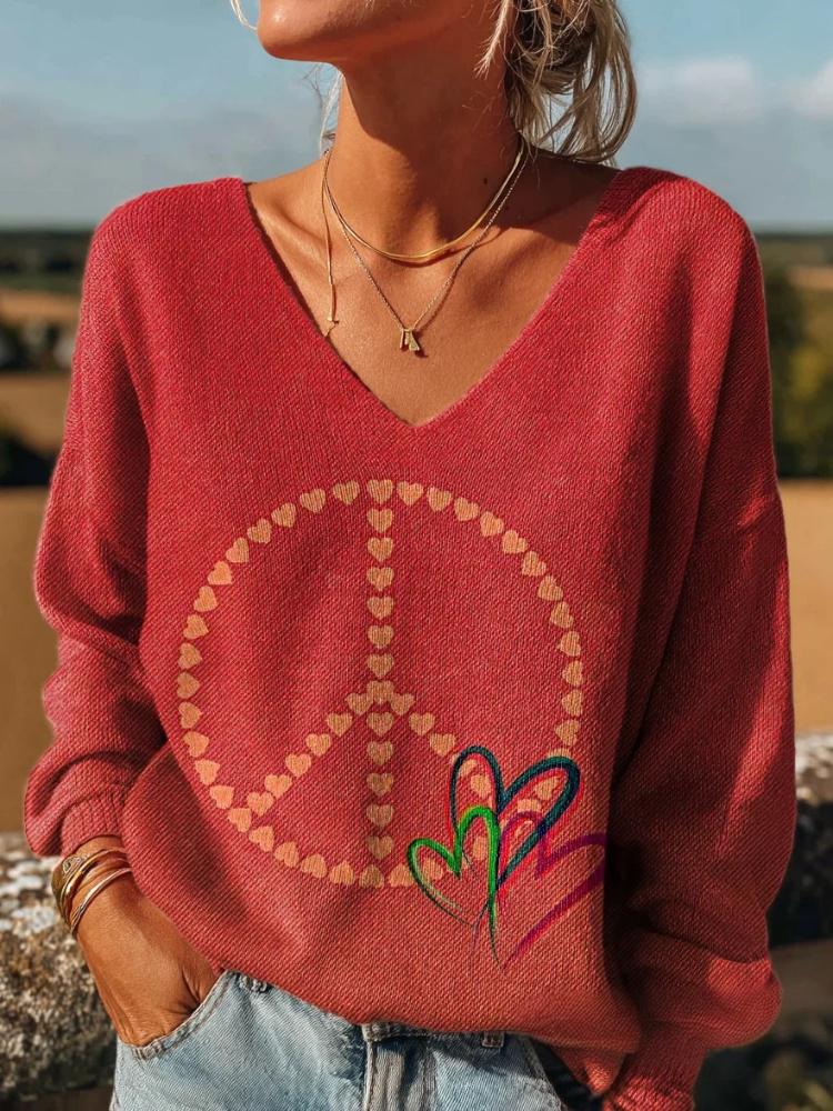 Women's Hippie Peace Heart Print Casual Pullover Sweater
