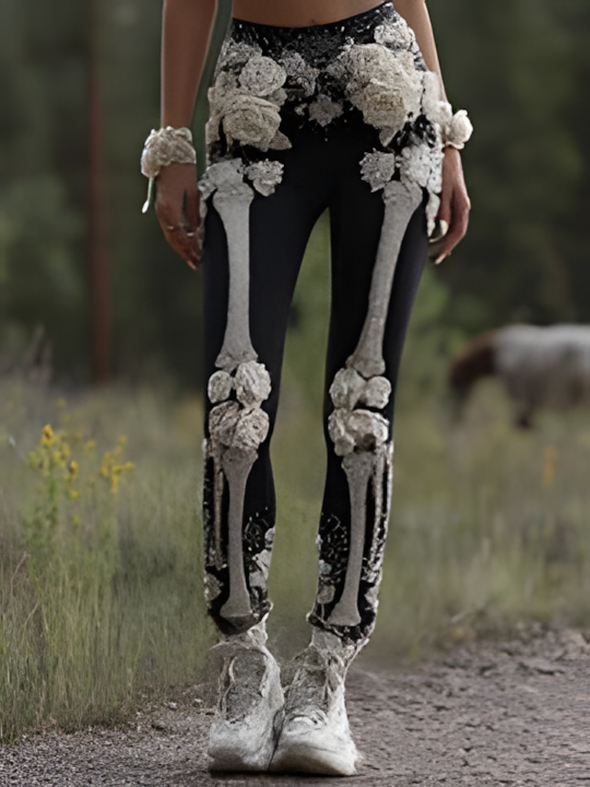 Vintage Halloween Skull Rose Pattern Comfortable Knit Leggings