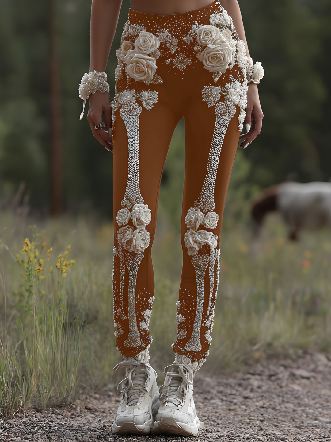 Vintage Halloween Skull Rose Pattern Comfortable Knit Leggings