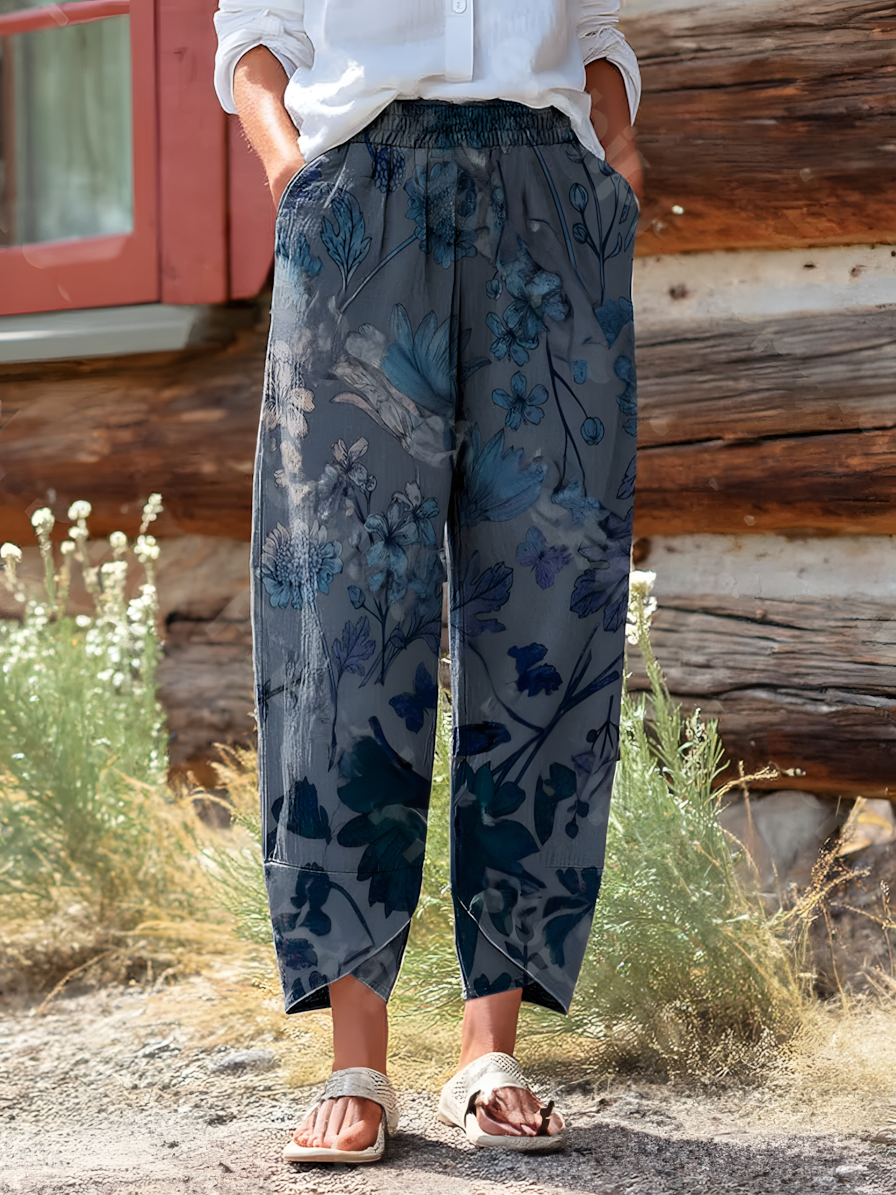 Retro Floral Pattern Cropped Wide Leg Pants