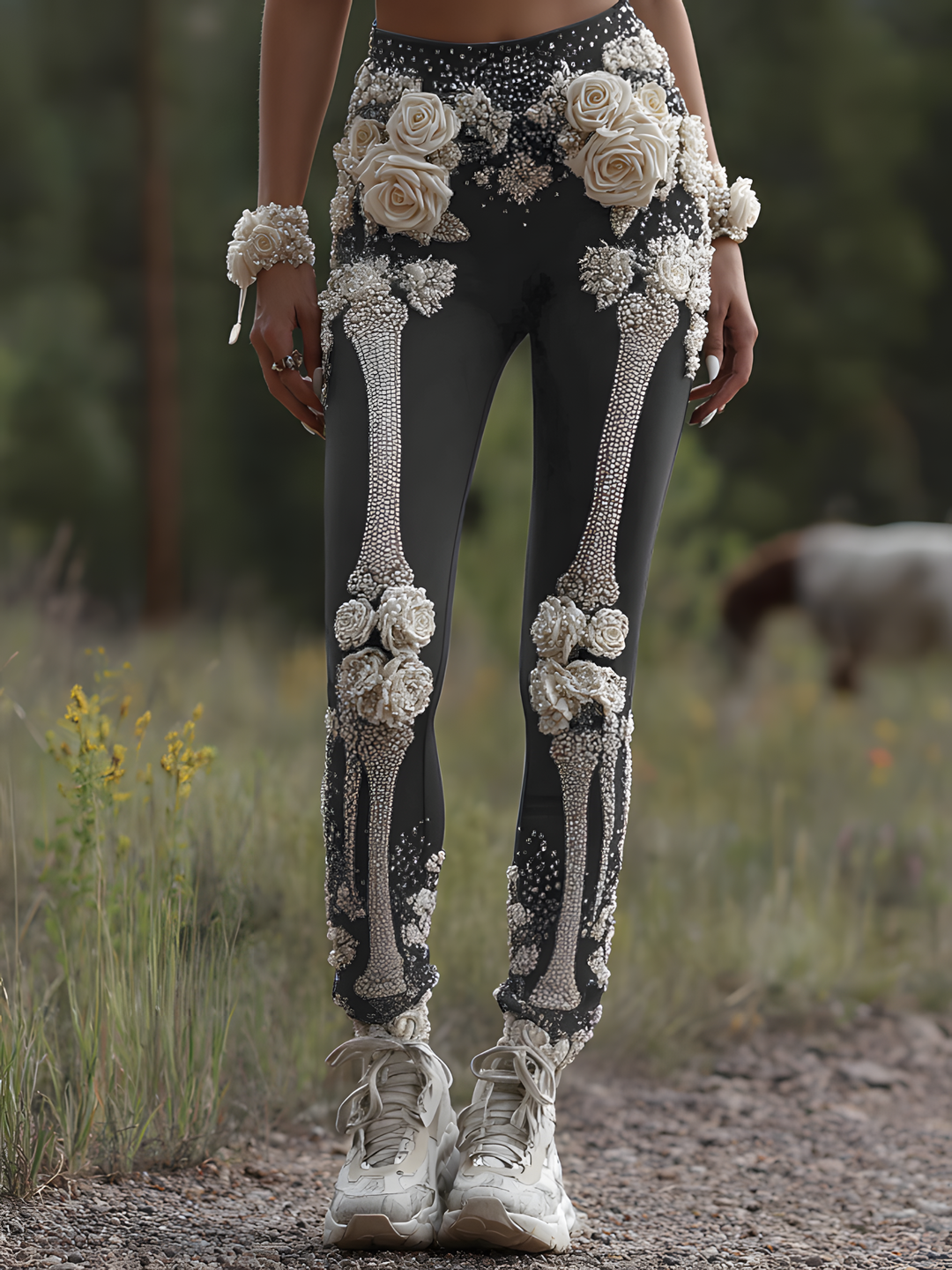 Vintage Halloween Skull Rose Pattern Comfortable Knit Leggings