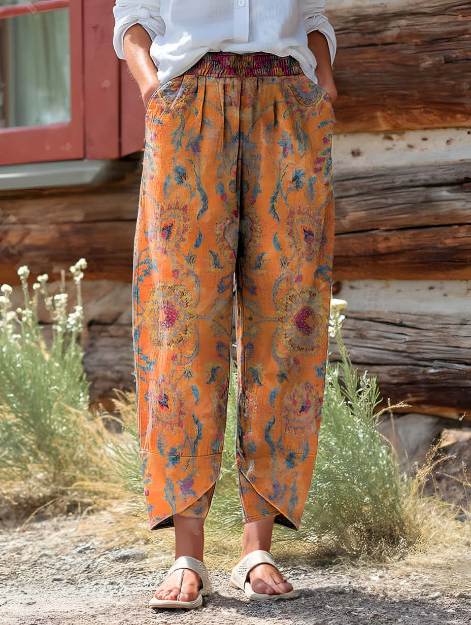 National Totem Art Printed Cropped Wide Leg Pants