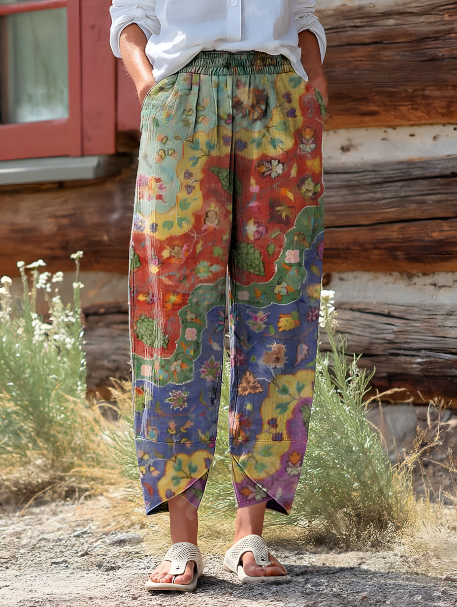 Colorful Ethnic Totem Collage Art Pattern Cropped Wide Leg Pants