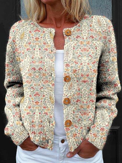 Women's Floral Pattern Art Print Button Cardigan Sweater
