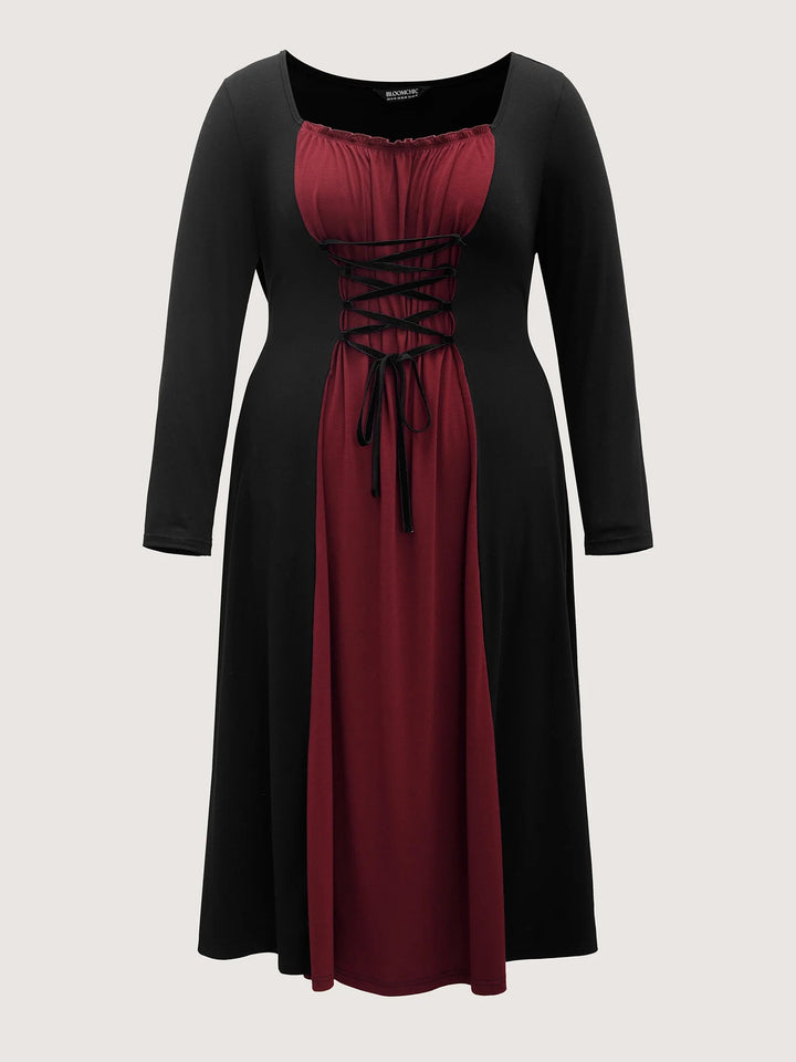 Stretchy Knit Adjustable Tie Frill Trim Midi Dress