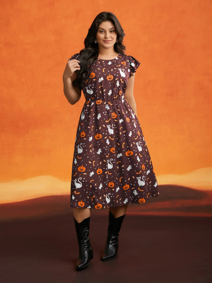 Pumpkin Printed Ruffle Sleeves Midi Dress