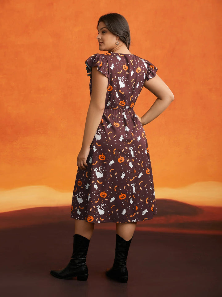 Pumpkin Printed Ruffle Sleeves Midi Dress