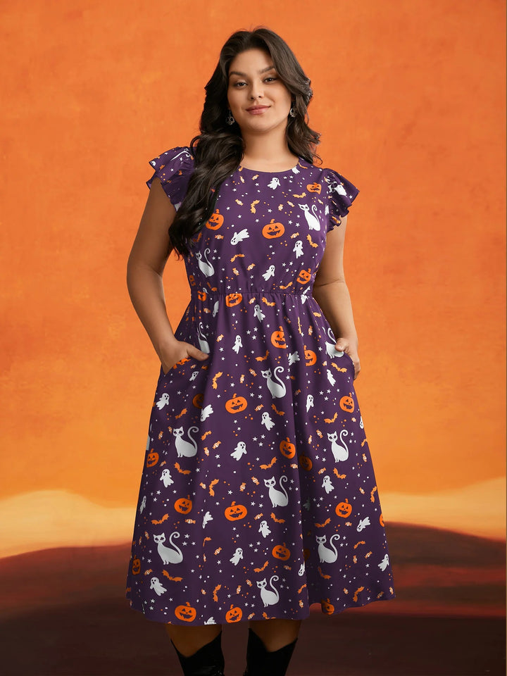 Pumpkin Printed Ruffle Sleeves Midi Dress