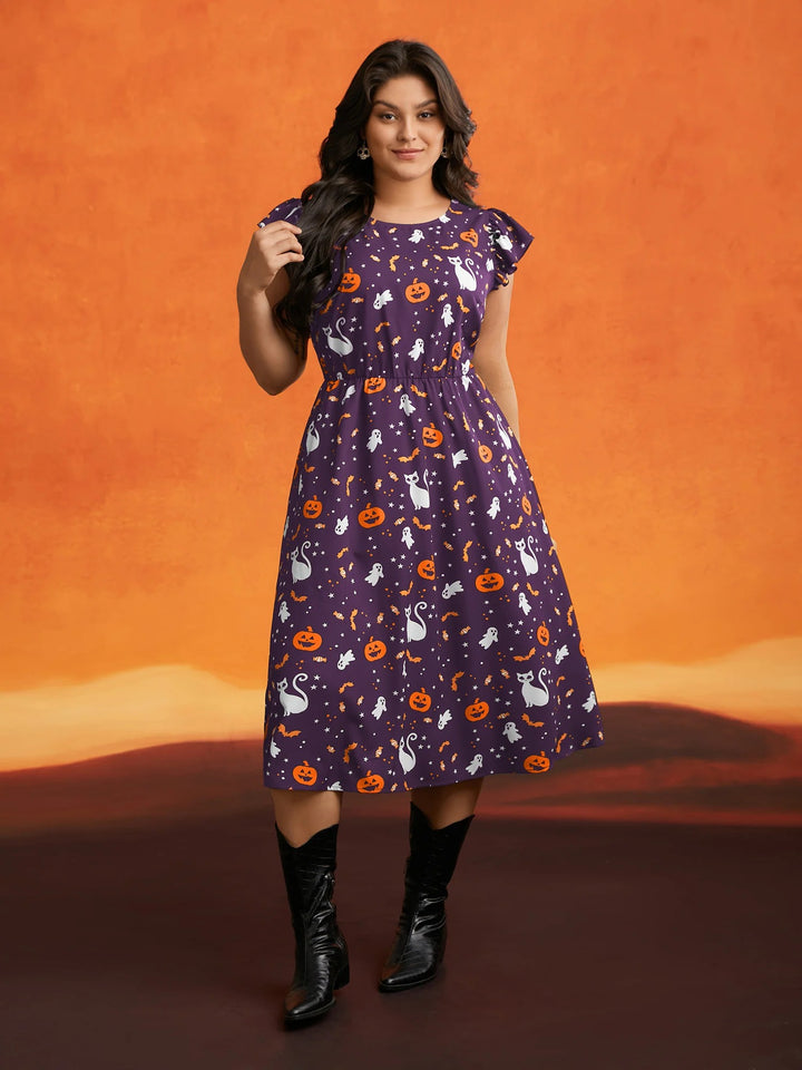 Pumpkin Printed Ruffle Sleeves Midi Dress