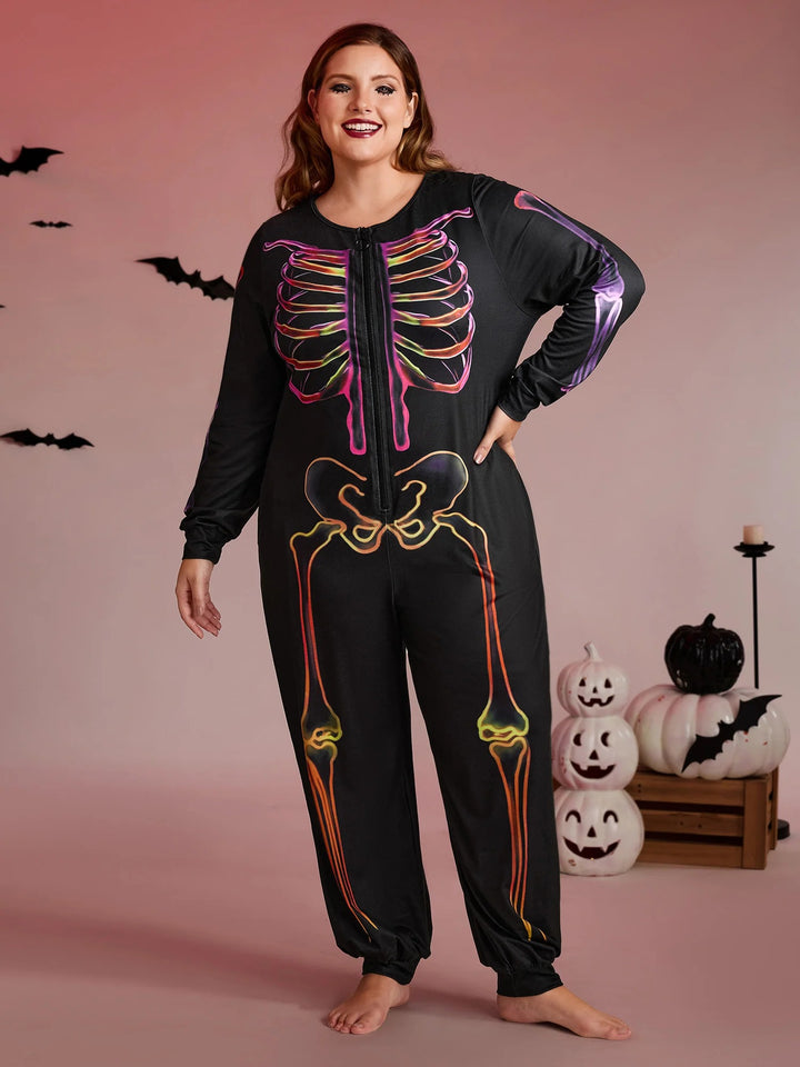 Colorful Skeleton Print Zipper Lounge Jumpsuit