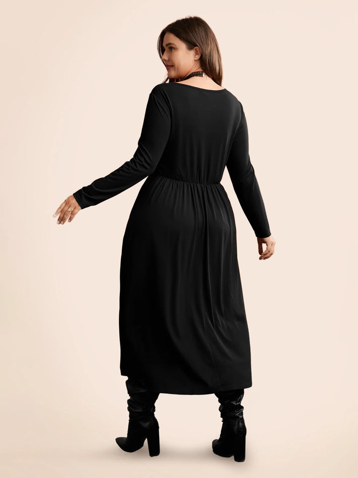 Stretchy Knit Adjustable Tie Frill Trim Midi Dress