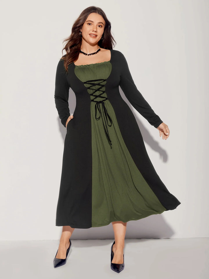 Stretchy Knit Adjustable Tie Frill Trim Midi Dress