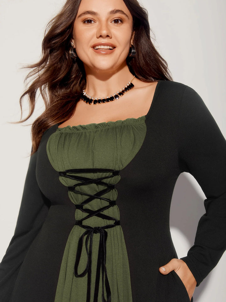 Stretchy Knit Adjustable Tie Frill Trim Midi Dress