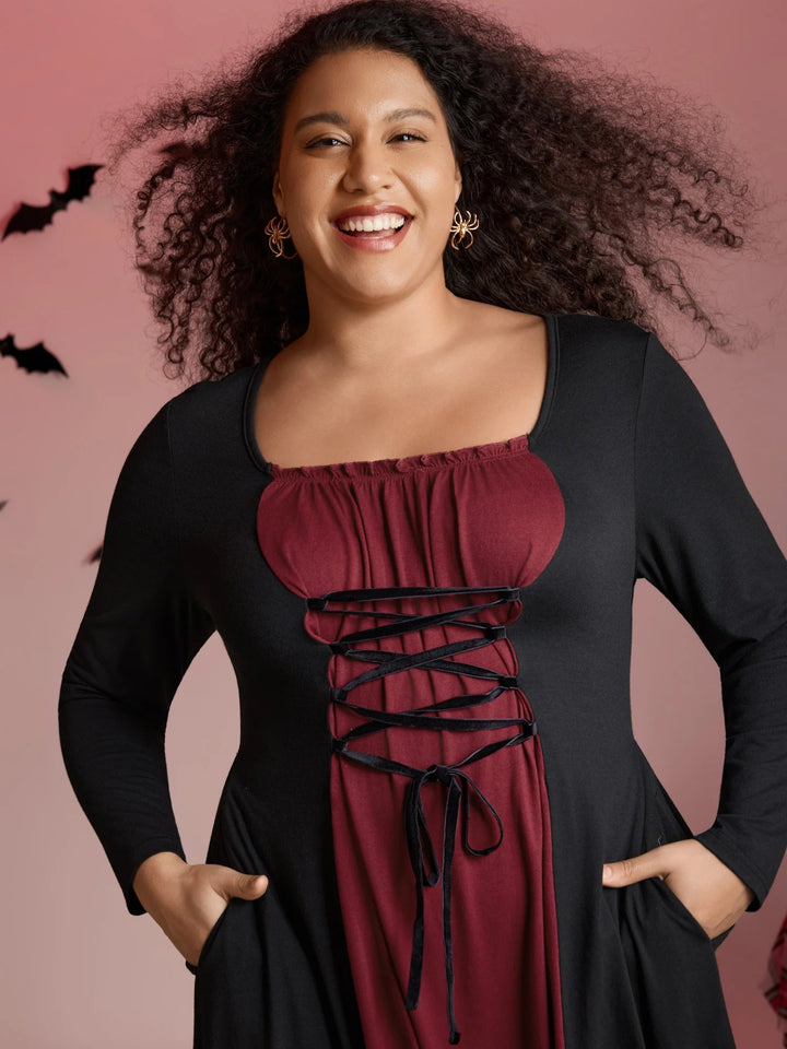 Stretchy Knit Adjustable Tie Frill Trim Midi Dress