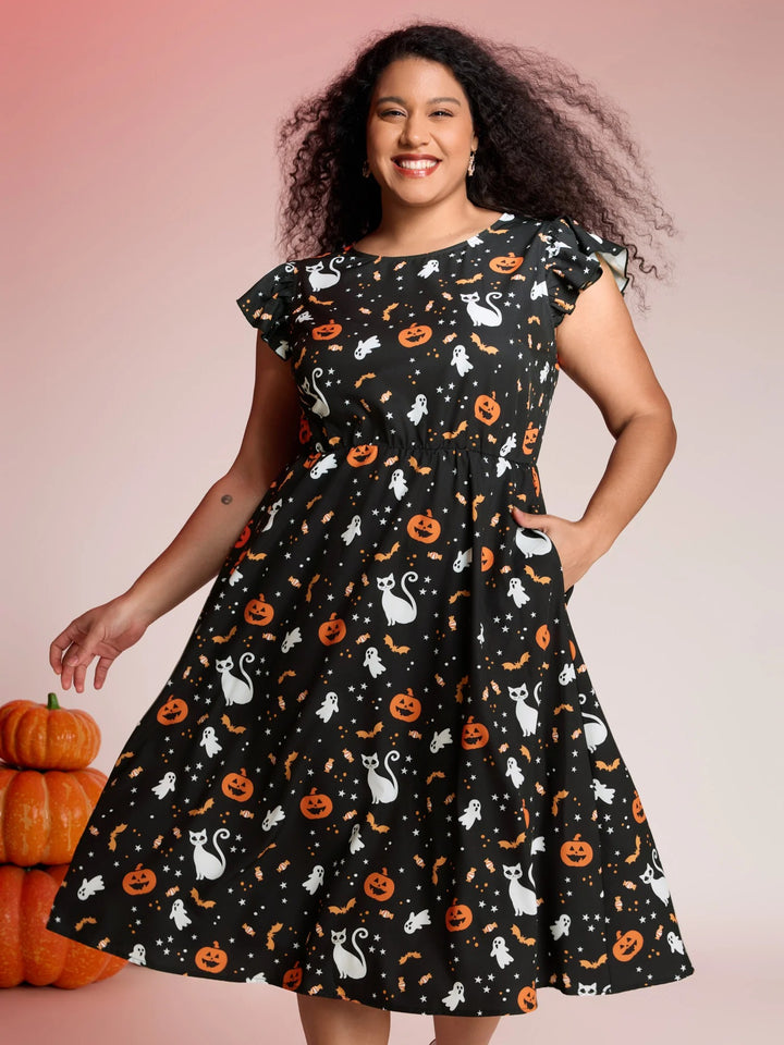 Pumpkin Printed Ruffle Sleeves Midi Dress