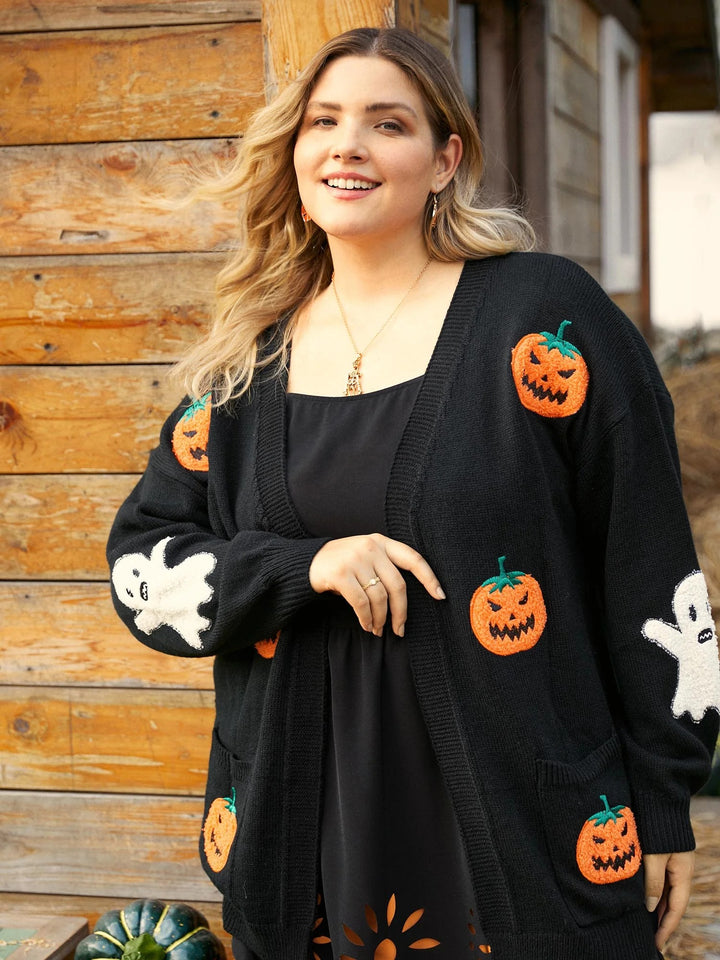 Pumpkin Ghost Embroidery Open Cardigan
