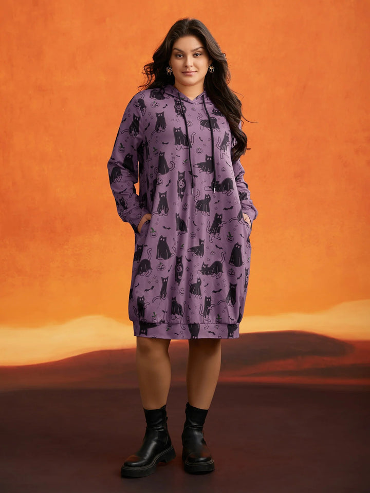 Pumpkin Cat Printed Hooded Midi Dress