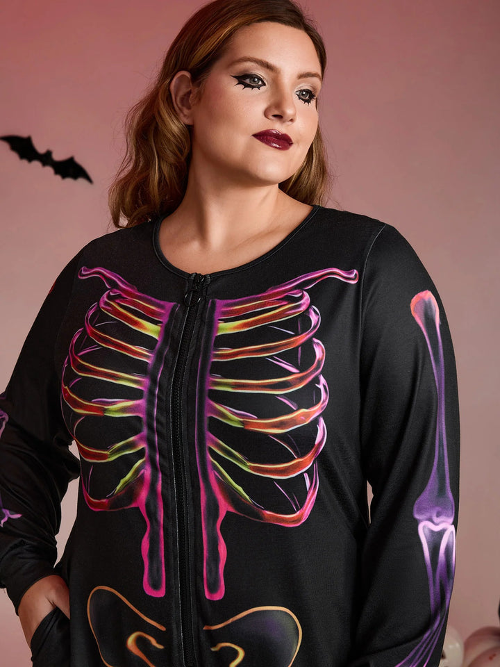 Colorful Skeleton Print Zipper Lounge Jumpsuit