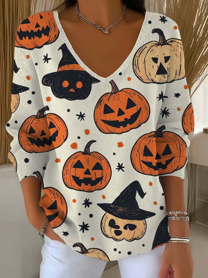 Women's Halloween Pumpkin Casual V Neck Pullover Sweater