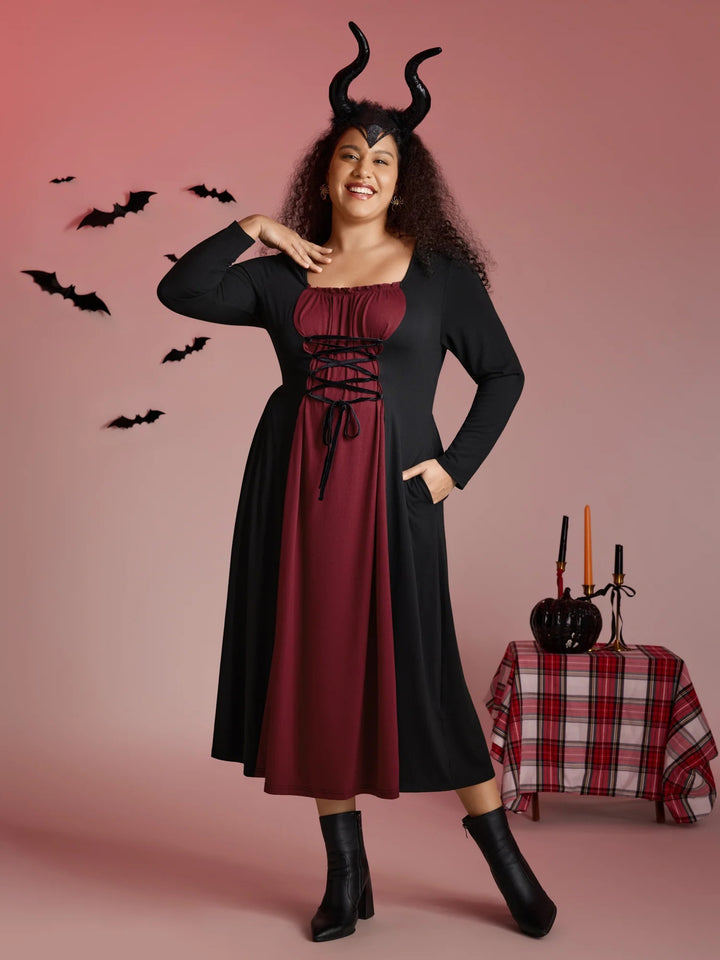 Stretchy Knit Adjustable Tie Frill Trim Midi Dress