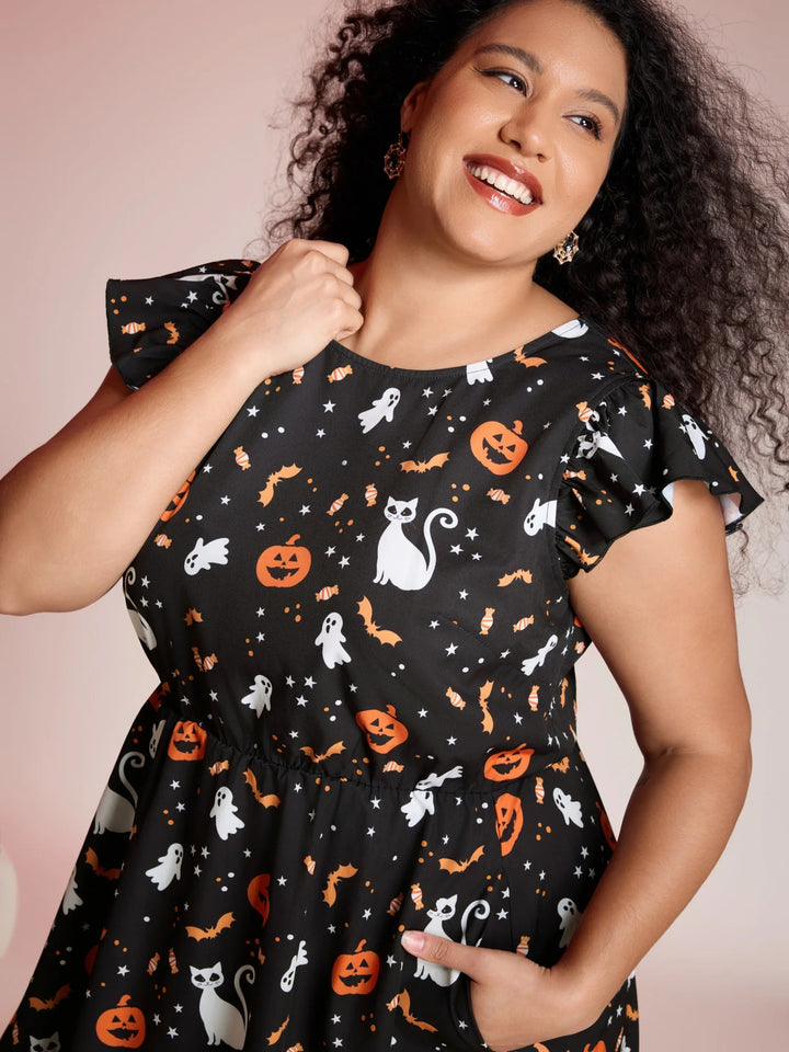 Pumpkin Printed Ruffle Sleeves Midi Dress