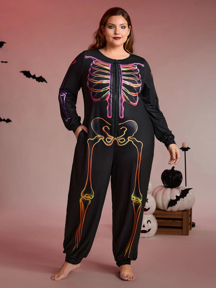 Colorful Skeleton Print Zipper Lounge Jumpsuit