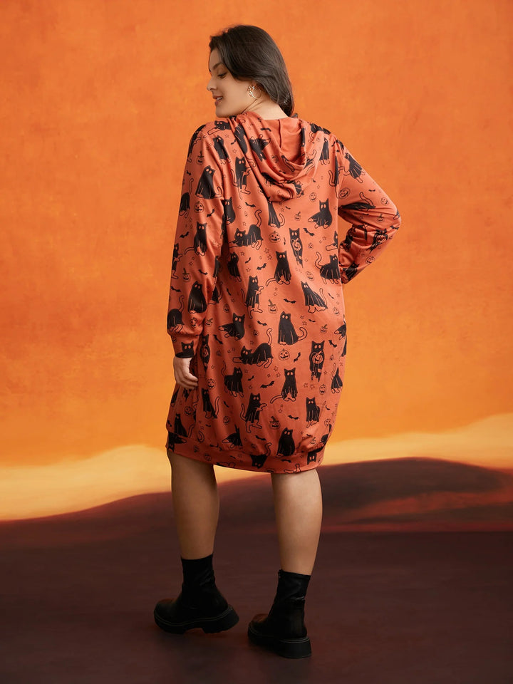 Pumpkin Cat Printed Hooded Midi Dress