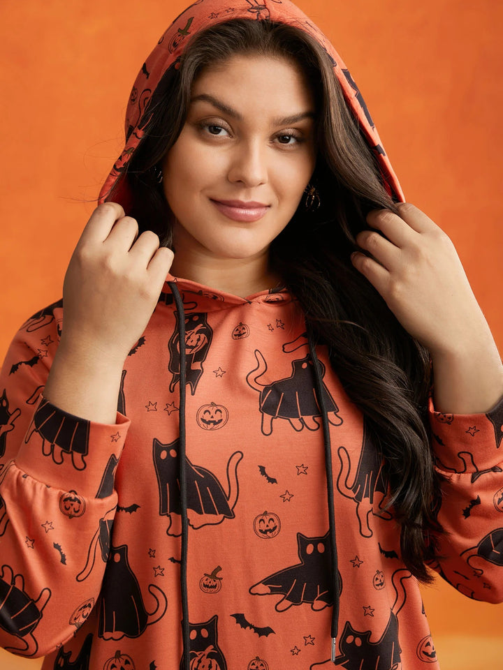 Pumpkin Cat Printed Hooded Midi Dress