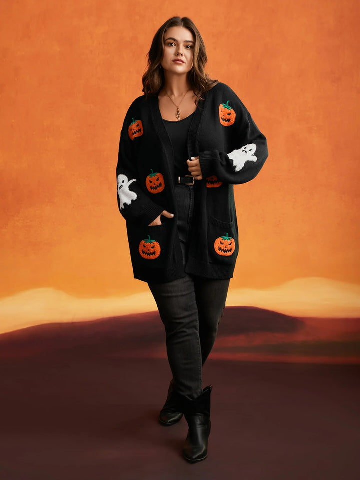 Pumpkin Ghost Embroidery Open Cardigan
