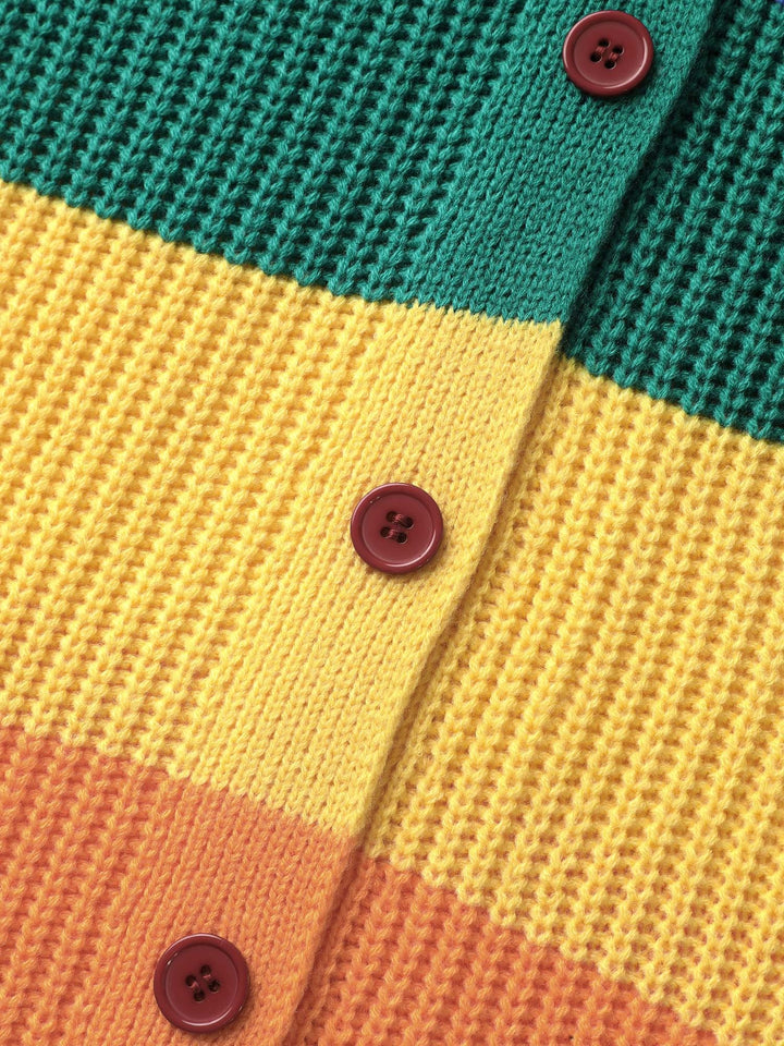 Colorblock Contrast Texture Button Cardigan