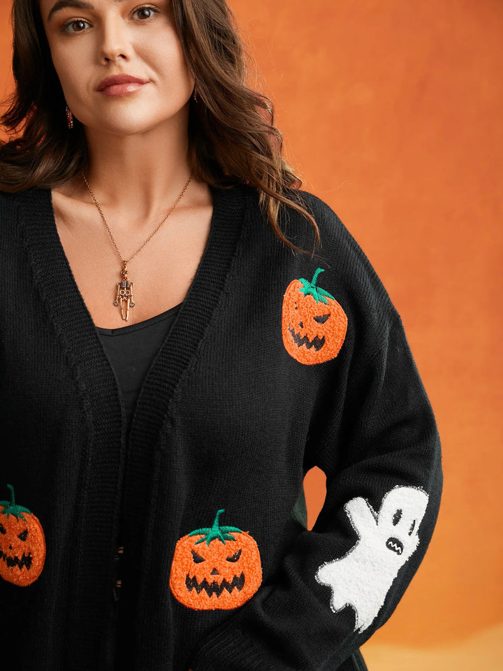 Pumpkin Ghost Embroidery Open Cardigan