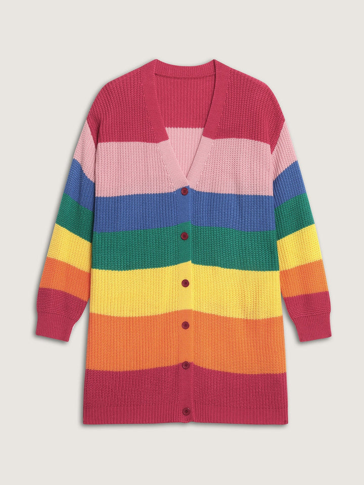Colorblock Contrast Texture Button Cardigan