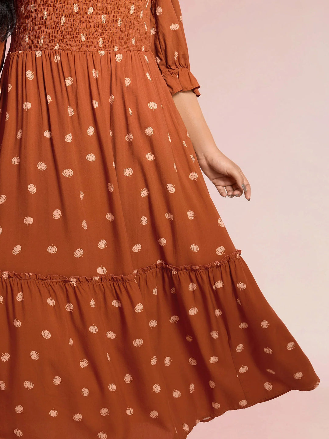 Polka Dots Shirred Bodice Pockets Maxi Dress