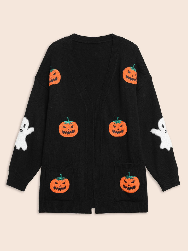 Pumpkin Ghost Embroidery Open Cardigan